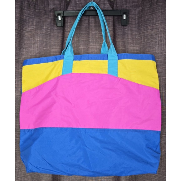 Vintage Swim‎ Tote Bag Beach Swimming Nylon Blue Pink Yellow Pockets 21x17" Lake - Picture 1 of 8